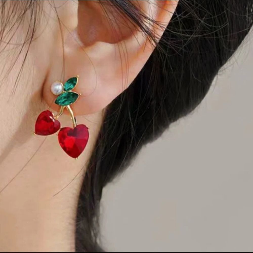 MOD CLOTH Red Heart Cherry Stud Earrings | NWOT Valentines Summer - Picture 2 of 11